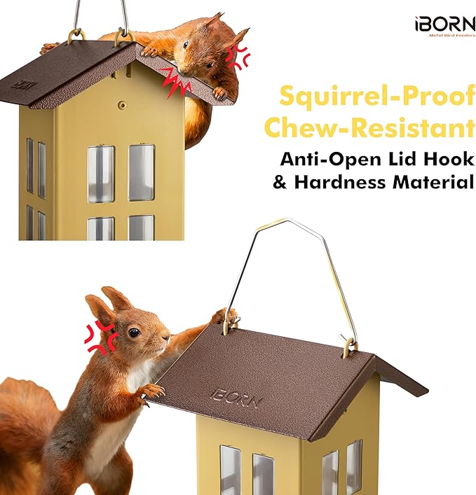 iBorn Bird Feeder House, Metal Bird Feeders for Outdoors Hanging,Double-Sided Metal Hanger & Weatherproof, Easy to Clean & Refill, 1.5 Lbs Capacity, Muted Yellow
