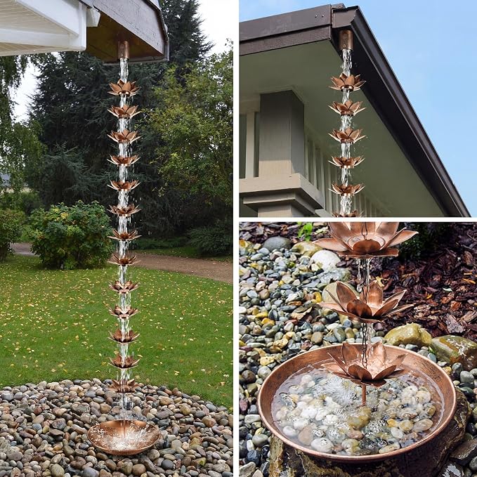 MorningRo 8.5ft Rain Chains for Gutters Outside with Anchor Basin 12 Cups Rain Chain Catcher Downspout Replacement Adjustable Metal Garden Rainwater Divert for Eaves Drainage(Flower)