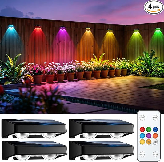 Solar Fence Lights Outdoor with Remote, 4 Pack 9 Colors & 11 Lighting Modes Fence Lights Solar Powered Waterproof IP65 Color Changing Solar Lights for Fence Garden Yard Patio Deck Step Wall