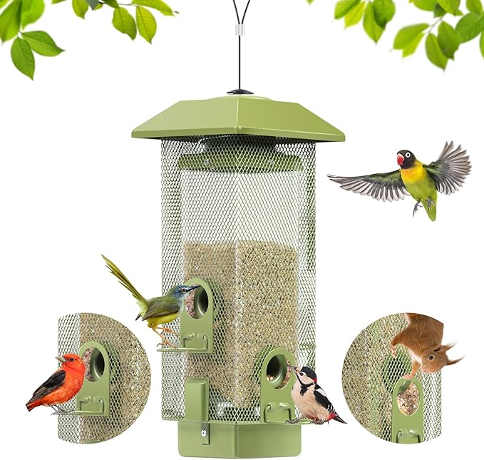 Bird Feeders Squirrel Proof with Weight Activated Perches, Metal Mesh Bird Feeder for Outdoors,Cardinal Hanging Wild Bird Feeder 2.2lbs Seed Capacity for Finch Chickadee Sparrow...