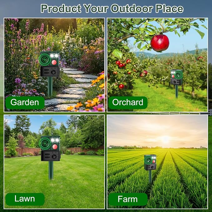 Solar Ultrasonic Animal Repellent, 2026 Upgraded Cat Repellent Outdoor with Motion Sensor & Flash Light, Waterproof Deer Raccoon Squirrel Rabbit Dog Skunks Deterrent for Farm, Garden, Lawn