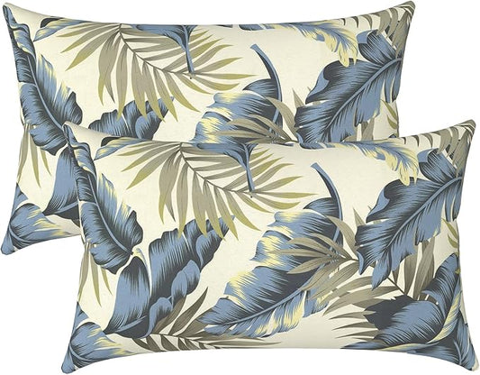 LVTXIII Set of 2 Patio Lumbar Pillows, 12" x 20" Fade Resistant Outdoor Lumbar Pillow with Inners, Fluffy Decorative Garden Lumbar Cushions for Home Patio Coach Sofa Use, ‌Lush Palm Blue
