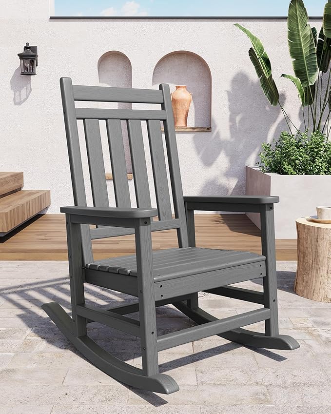 GarveeLife Poly Lumber Rocking Chair Outdoor Set of 6- HDPE High Back Porch Rocker Chairs for Adults - All Weather Resistant Furniture for Patio - Gray