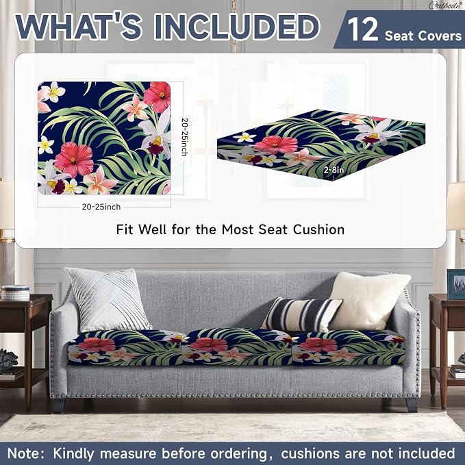 CALBODE 12 Pcs Stretch Outdoor Seat Cushion Covers, Washable Chair Seat Cover for Patio Furniture Cushions Soft Indoor and Outdoor Couch Cover Replacement (Tropical Floral,Black, Cover Only)