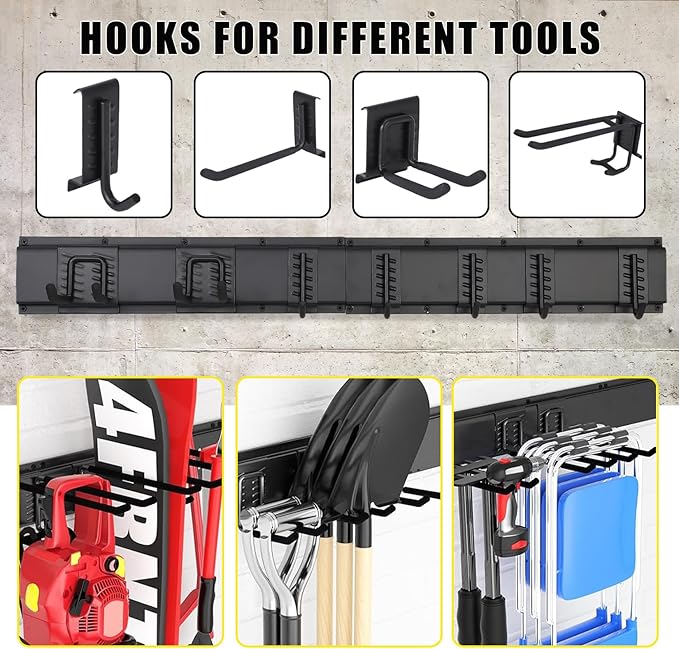 Garvee 64 Inch Garage Tool Organizer Wall Mount, Heavy Duty Garden Tool Storage Organization with 12 Adjustable Hooks, 16 Pack Yard shed Tool Organizer System for Shovel Rake Broom Ladders