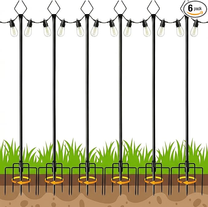 10FT Outdoor String Light Poles 6 Pack, Metal Light Stands with Fence Brackets for Hanging Lights, Patio, Pergola, Garden, Backyard, Yard & Camping Use