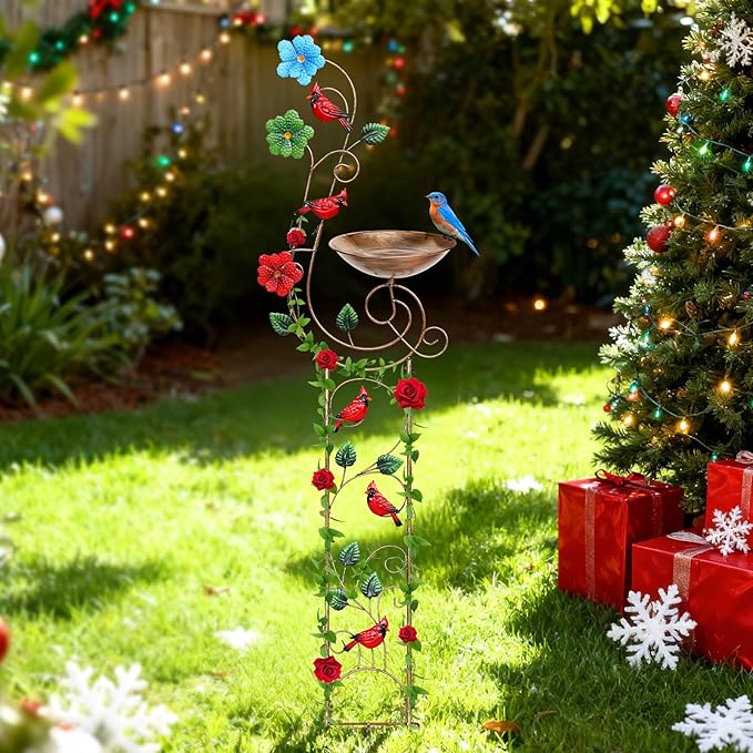 Metal Bird Bath with Trellis for Outside, 57” Height Birdbaths & Supports, Small Garden Decorative Trellises for Climbing Flowers Outdoor (Redbird)