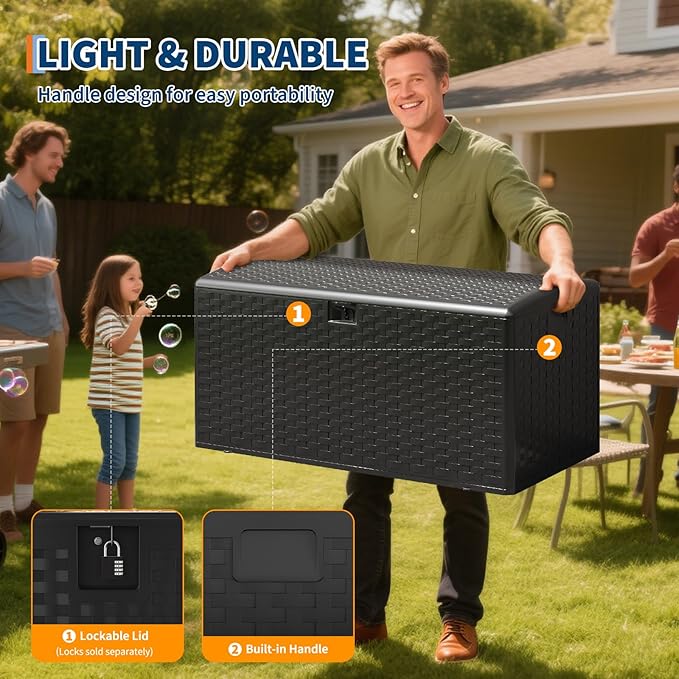 100 Gallon Outdoor Storage Box, Lockable Deck Box with Lid, Waterproof & UV-Resistant Plastic Storage Bin for Patio Cushions, Garden Tools, Pool Accessories-Black Imitation Rattan Grain