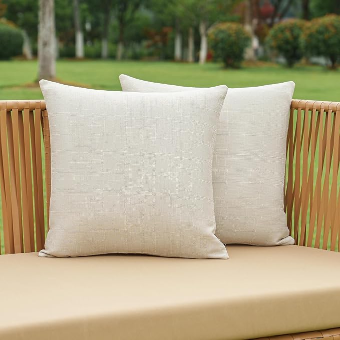 NiNi ALL Pack of 2 Decorative Outdoor Waterproof Pillow Covers Square Linen Textured Garden Cushion Sham Throw Pillowcase Set of 2 for Patio Farmhouse Garden Tent Couch 20x20 Inch Beige