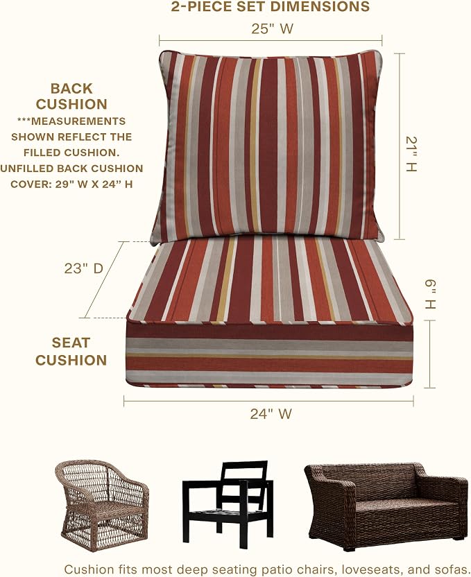 Honeycomb Outdoor Heritage Deep Seat, 24 x 23, Stripe Brick Chair Cushion with Removable Cover, for Patio Furniture