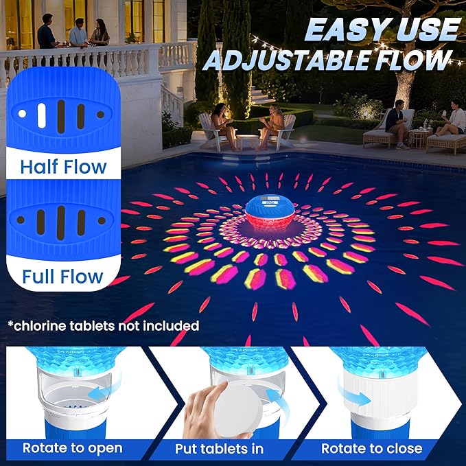 2026 Upgraded Pool Chlorine Floater with Thermometer, Digital Screen Pool Chlorine Floater,Solar Pool Chlorine Floaters with Light, Button Control Floating Chlorine Dispenser for Pool (Blue)