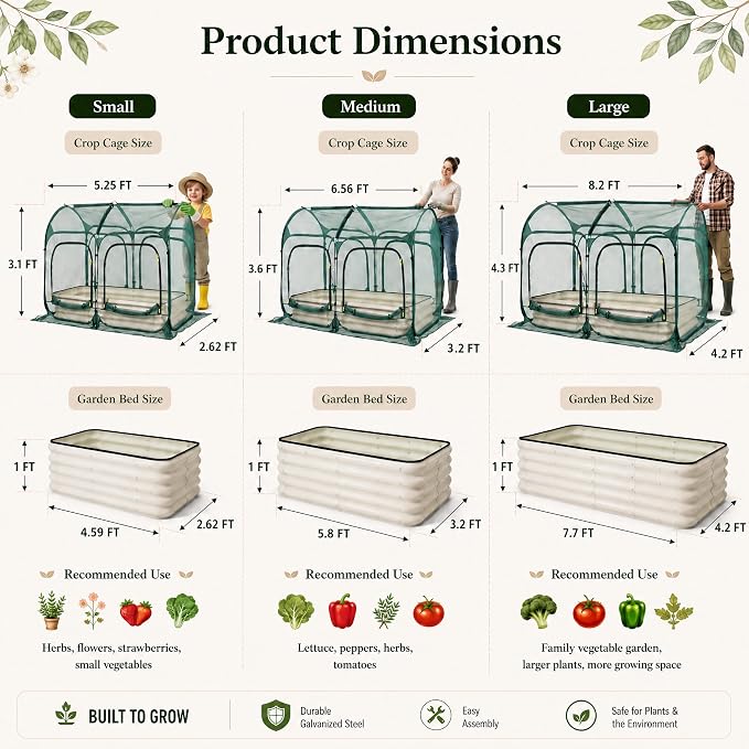 PORAYHUT All-in-One Raised Garden Bed and Crop Cage Kit, Metal Outdoor Planter Box with Protective Mesh Greenhouse Cover for Backyard Vegetables, Herbs, Flowers and Patio Gardening