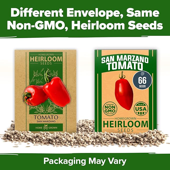 HOME GROWN San Marzano Tomato Seeds 132+ Heirloom Non-GMO Seeds for Planting, High Germination, Indeterminate Roma Paste Tomato, Meaty Low Acid, Best for Sauce & Canning (Solanum lycopersicum)