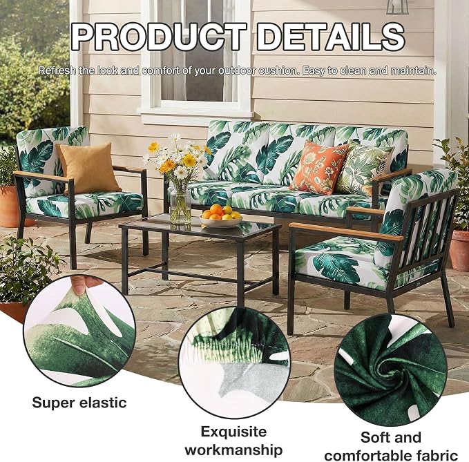 hyha 8Pcs Patio Cushion Covers, Stretch Outdoor Couch Cushion Covers, Washable Outdoor Chair/Sofa Slipcovers for Patio Furniture Cushions Protector with Elastic Bottom(Monstera Deliciosa,Cover Only)