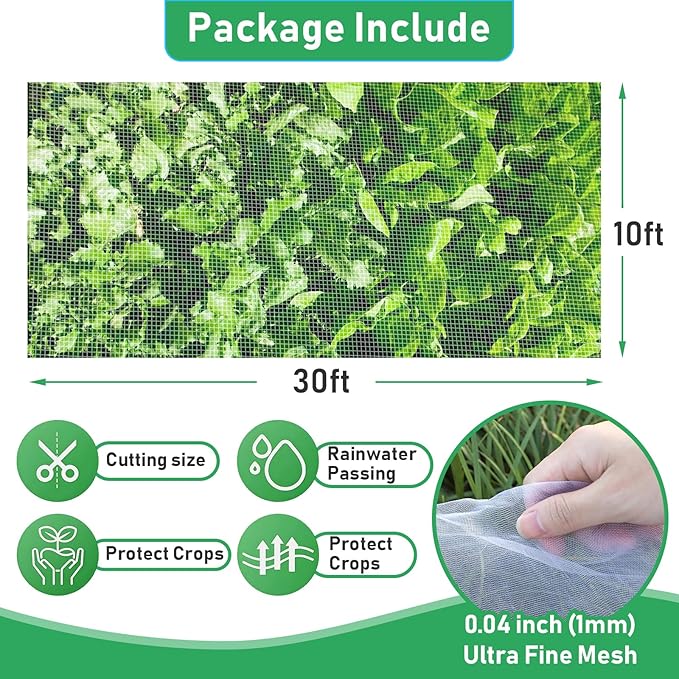 GonLei 10x30FT Garden Mesh Netting Kit Raised Beds (6 Pcs Garden Hoops & 18 Clips) Garden Hoops Plant Row Covers Netting Protection Berry Bush Trees Grass Seed Barrier Net