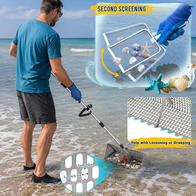 Sand Flea Rake Set with Handle, Shark Tooth Sifter & Mesh Scoop, Stainless Steel Beach Sand Sifter Kit with 5-Tooth Rake, Glvers & Foldable Bucket for Collecting Sand Fleas, Shells & Cleaning Coops