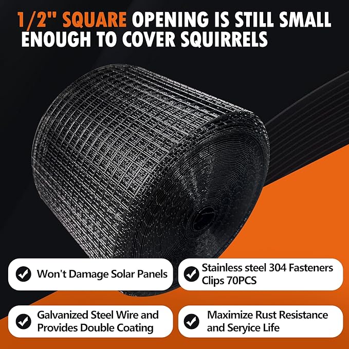 Solar Panel Bird Guard Mesh| 8in x 100ft Black PVC Coated Heavy Duty Galvanized Mesh Roll,70pcs Stainless Steel Clips Fasteners,Critter Guard Roll Kit for Solar Panel
