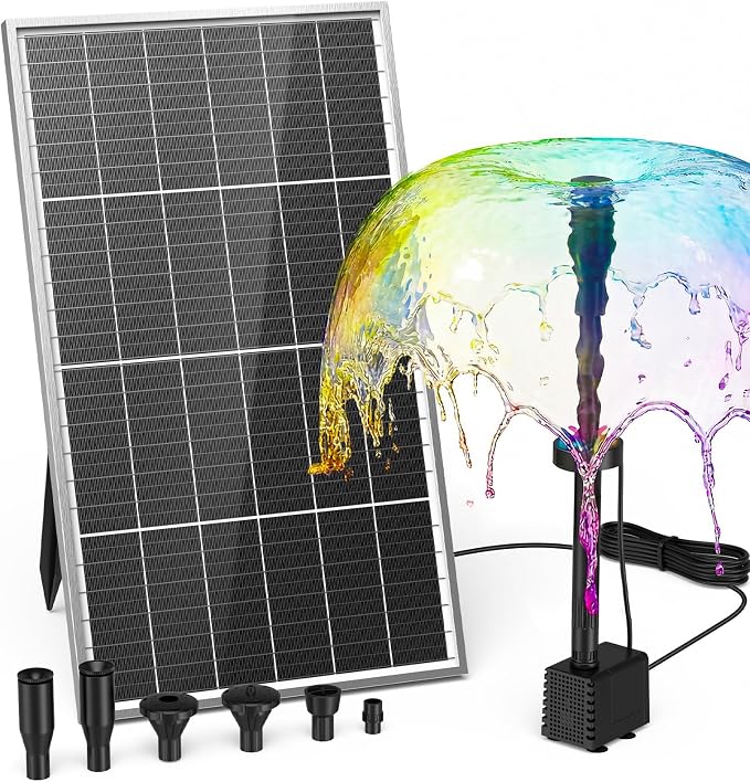 AMZtime 20W Solar Fountain Pump, Solar Water Pump with Lights Built-in 4000mAh Battery, 2026 New DIY Solar Water Fountain for Bird Bath, Pool, Pond, Garden, Fish Pond, Small Waterfall