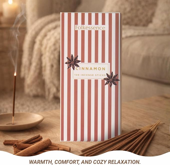 Folkulture Cinnamon Incense Sticks (120 Sticks) | Warm & Spicy Aroma Incense for Relaxation, Home Fragrance, Meditation & Yoga | Long Burning 45 Mins, Non Toxic, Charcoal Free Incense Sticks