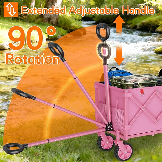 35" L Extra Long Wagons Carts Foldable, 360LBS Heavy Duty Collapsible Wagon with Wheels, Folding Wagon Portable Utility Cart for Groceries, Shopping, Camping, Sports (Pink, 180L)