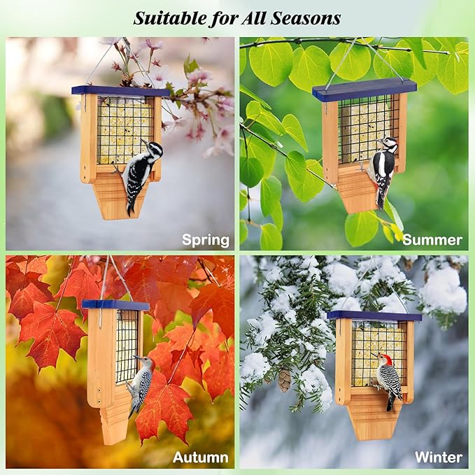 Gbekery Wooden Suet Bird Feeder for Outside Hanging, Woodpecker Suet Feeder with Tail Prop, Hanging Bird Feeder for Wild Birds, 1 Pack, Blue