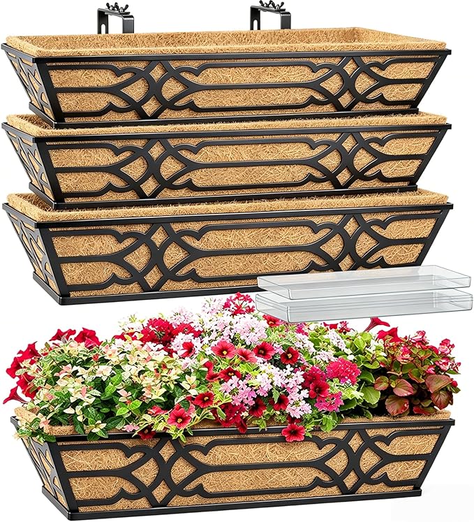 4 Pack 24 Inch Window Boxes Planters with PET Tray and Coco Liner, Metal Railing Planter Boxes for Outdoor Plants, Heavy Duty Hanging Garden Trough for Porch Deck Railing and Backyard Fence