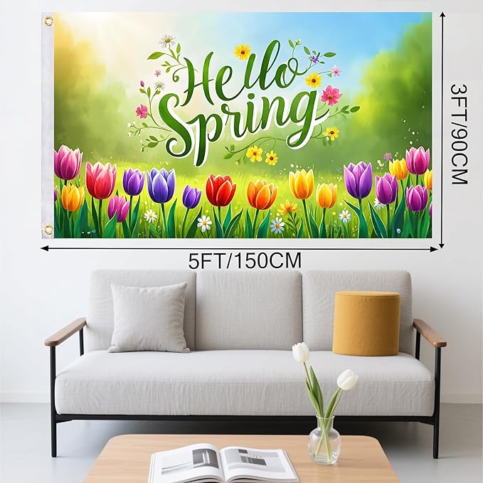 Hello Spring Flag 3x5 Ft, Double Sided Garden Banner with Colorful Tulips and Flowers, Outdoor Yard, Porch, Lawn & Patio Decoration, Seasonal Welcome Flag for Home, Durable Polyester with 2 Brass Grommets