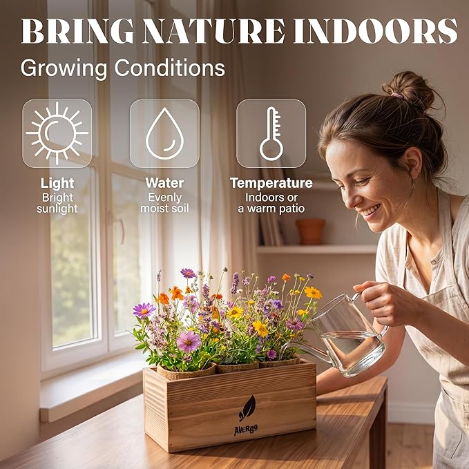 AVERGO Wildflower Seed Mix Growing Kit - Includes Perennial & Annual Wild Flowers, Burlap Planters, Soil, Wooden Box, and Gardening Tools for Indoor Garden and Patio Planting