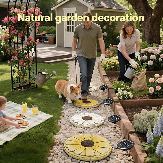 Solar Stepping Stones that Light Up at Night, 2 Pack 10" Cement Daisy Flower Garden Path Stone, Non-Slip Weather-Resistant Outdoor Yard Walkway Decor (White)