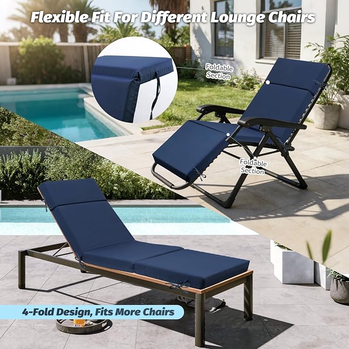Outdoor Chaise Lounge Cushion 72" x 21" x 3", 4-Section Folding Patio Lounge Chair Cushion with Ties, Waterproof & Fade Resistant Replacement Cushion for Pool, Patio, Deck (Blue, 1 Pcs)