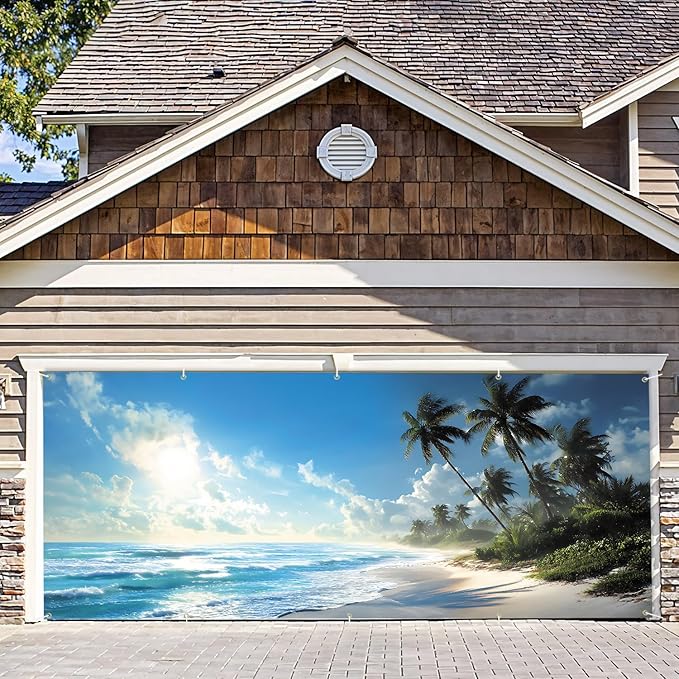 7 * 16FT Summer Garage Door Cover Decorations Sunset Palm Trees Garage Door Banner for Outdoor Indoor Summer Party Photography Backdrop (Summer Beach, 7 * 16 ft)