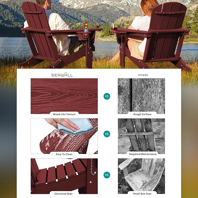 SERWALL Adirondack Chair with Cup Holders - Composite Adirondack Chairs Set of 6 HDPE Outdoor Chairs All Weather Use- Dark Red