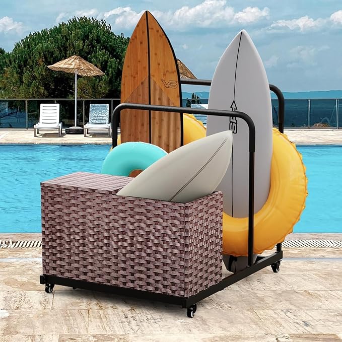 FONTOI Pool Storage, All-Weather Float Storage Organizer for Cushions, Pool Float Storage Bin with Wheels, Waterproof Metal with Rattan Pattern UV Print Outdoor Pool Towel Rack, Brown