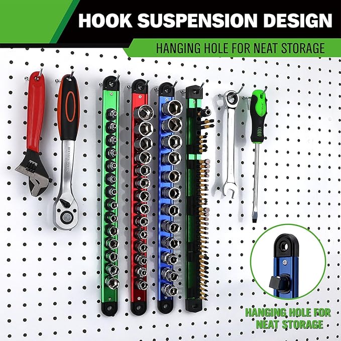 4-Piece Magnetic Socket Organizer Kit, 1/4'' 3/8'' 1/2'' Heavy Duty Socket Holder Holds 40 Clips, Aluminum Sockets Rail for Tool Box Drawer with 1/4'' Slidable Drill Bit Organizer Holds 40 Bits