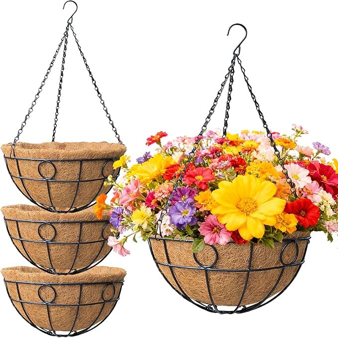 4 Pack 12 Inch Heavy Duty Hanging Basket Outdoor Metal Hanging Planters with Coco Coir Liners Black Hanging Flower Baskets for Outdoor Plants Patio Porch Balcony Garden（Round）