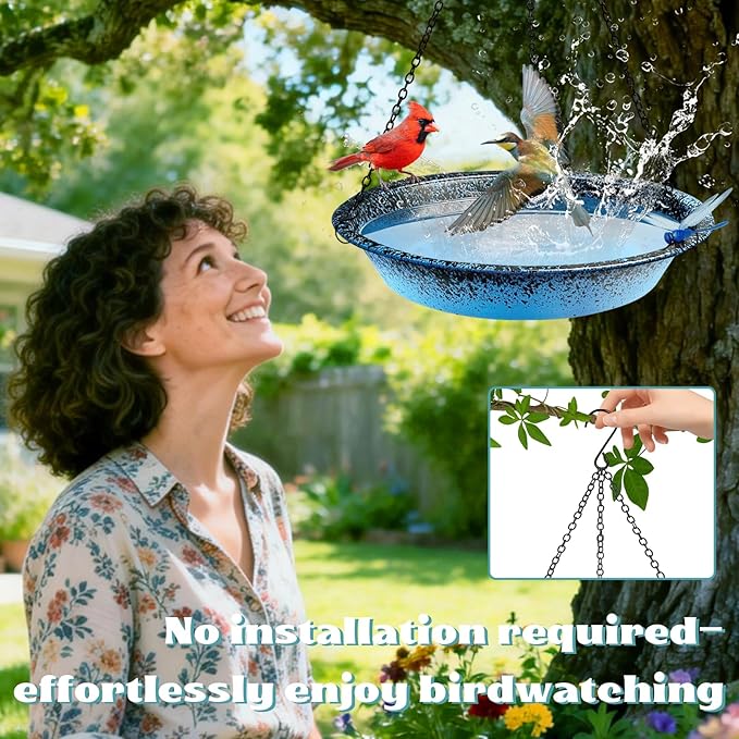 Hanging Bird Bath for Outdoors 11.4 inch Metal Birdbath Bowl with Detachable Black Chains & Hook Outdoor Hanging Bird Feeder for Tree, Window, Patio, Backyard, Gift for Bird Lovers (Blue)
