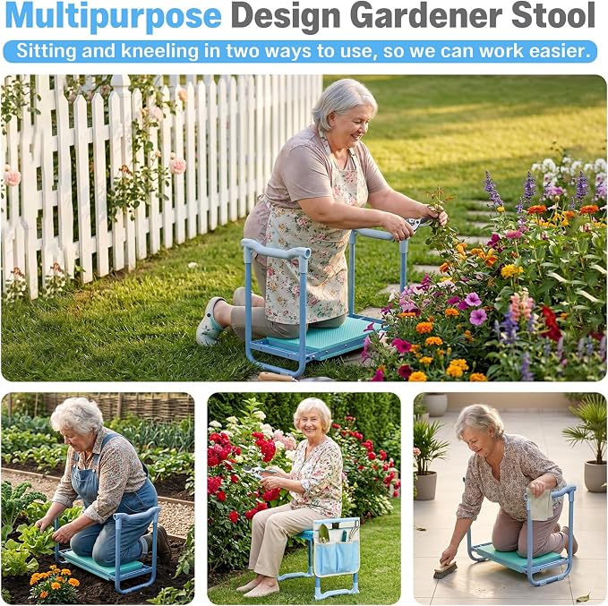 Garden Kneeler and Seat Heavy Duty, Foldable Gardening Stool Bench with Widened Thick Soft Kneeling Pad and Tool Pouches - 2-in-1 Portable Kneeling Device for Seniors (Blue)