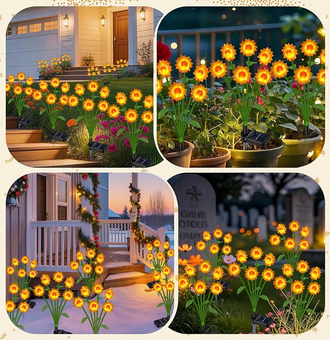 EDOF Solar Lights Outdoor Waterproof Sunflowers Garden Decor,4 Packs with 24 Sunflower Lights,Birthday Gifts for Women Mom,Solar Decorative Garden Stakes for Outside Yard Lawn Patio Porch Decorations