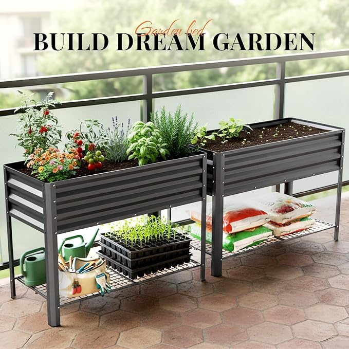 KING BIRD Large Raised Garden Bed with Legs & Storage Shelf Galvanized Elevated Planter Box for Backyard, Patio, Balcony, 400lb Capacity, Dark Grey 48×24×31.5 in