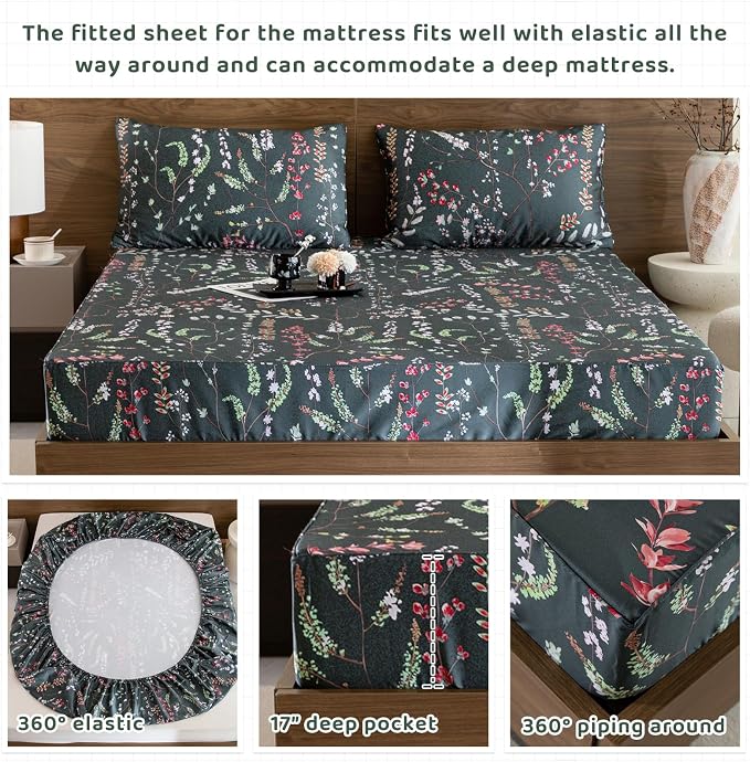 QSH Floral Egyptian Cotton Sheets Queen Size - Elegant Navy Botanical Pattern Printed Bedding Sheets Queen Size Bed Extra Soft and Breathable 4pcs Deep Pockets Bed Sheets