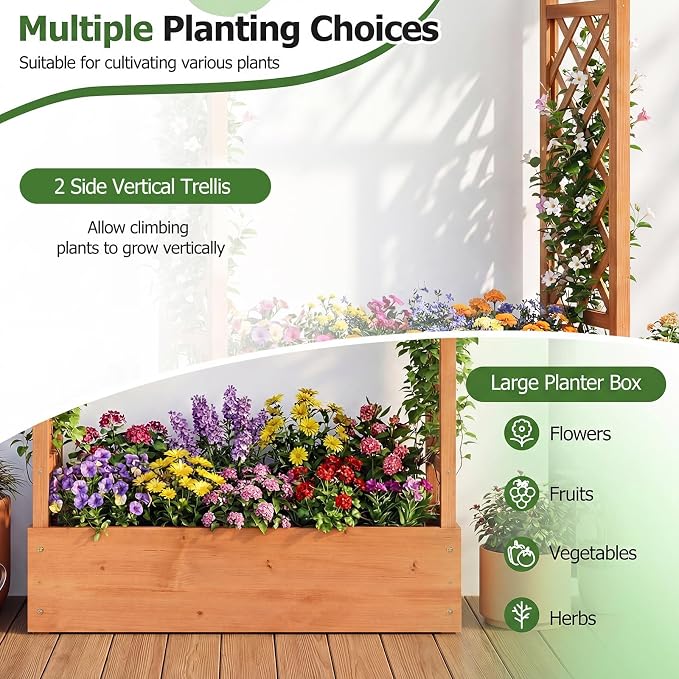 HAPPYGRILL Raised Garden Bed with Trellis & Hanging Roof, 45" Tall Wooden Planter Box with Drainage Holes, Outdoor Wood Elevated Garden Bed for Climbing Plants Vines Vegetables Flowers (Orange,1)