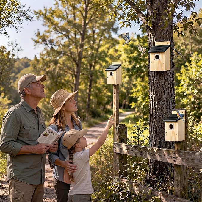 Dreyoo 4 Pack Bluebird Houses for Outside with Metal Predator Guard, 1-1/2" Entrance Hole Wooden Blue Bird Houses for Outdoors, Bluebird Nesting Box(Black Roof, Wood Body)