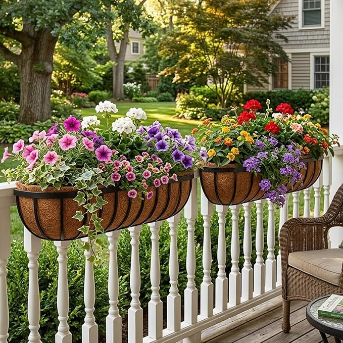 36 Inch Railing Planter Boxes 2 Pack Metal Window Box Planters with Coco Coir Liners, Horse Trough Planter with Adjustable Brackets for Deck Balcony Fence Porch Patio Outdoor Garden