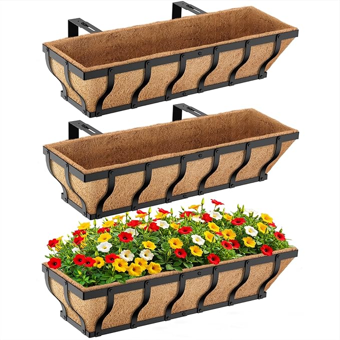 VOXOR Railing Planter Boxes, Heavy Duty Window Box Planters, Adjustable Balcony Planters for Railing Hanging, with Coco Liner for Deck, Porch, and Patio Gardening (3 Pack, 24 Inch)