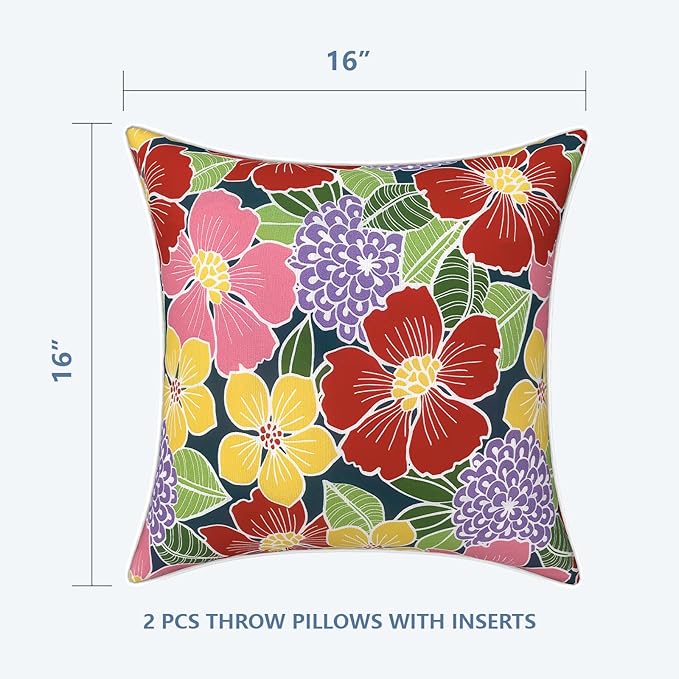LVTXIII Outdoor Throw Pillows 16x16 Patio Waterproof Square Pillows with Piping Fade Resistant Accent Pillow for Spring Summer Garden Decoration, Set of 2, Flower Bloom
