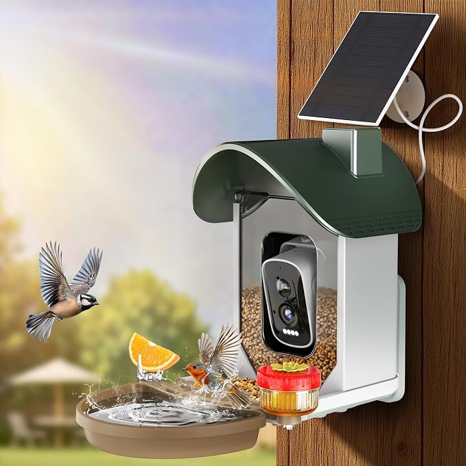 ChirpingPal™ AI Smart Bird Feeder with Camera | 2.5K HD Live View & Photos | Night Vision | 10,000+ Species ID | Solar-Powered with Built-in Battery | with Bird Bath Kit | Green & White