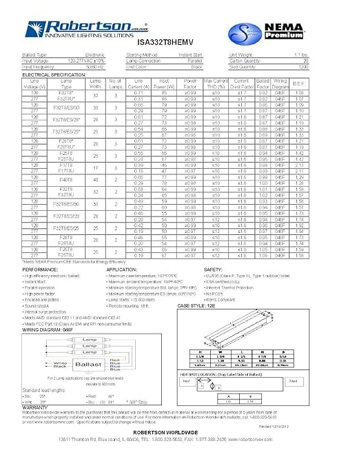 Robertson ISA332T8HEMV (3P20167) Electronic Fluorescent Ballast, 120-277Vac input, 2 or 3 T8 Fluorescent lamps between 17W-32W (F17T8 through F32T8) or 2 F40T8 Lamps, Instant Start, 120-277V (Qty 1)