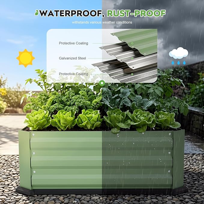 2 Pcs Galvanized Raised Garden Bed with Bottom, Indoor Metal Raised Garden Beds, Easy Assembly No leaks & Rust-Proof Flower Bed, Outdoor Planter Box for Vegetables, Herbs, Patio, Balcony, Green