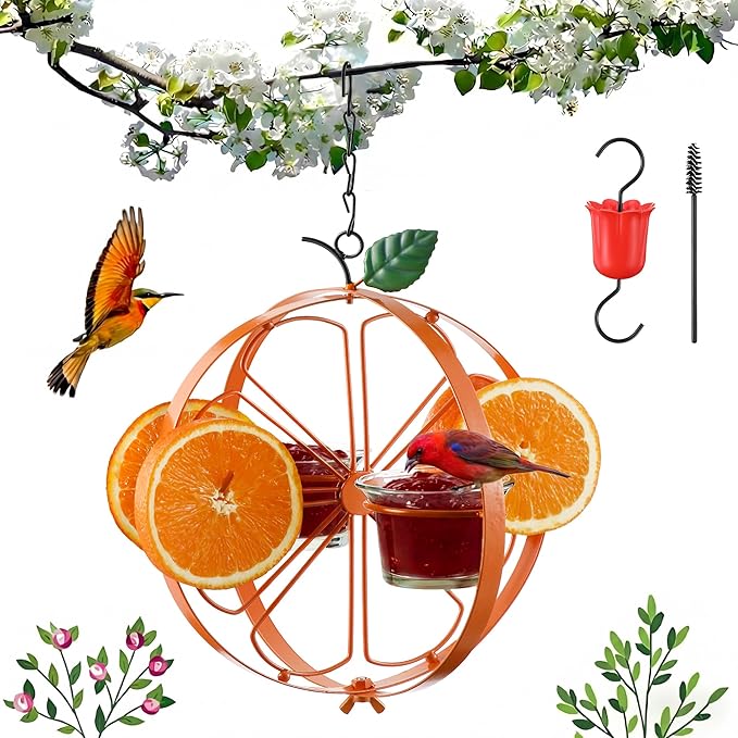 Oriole Feeder with Jelly Cups and Orange Holders, Oriole Bird Feeder for Outdoors Hanging, Foldable Orange-Shaped Jelly Feeders with Glass Bowls for Grape Fruit (1 Pack)