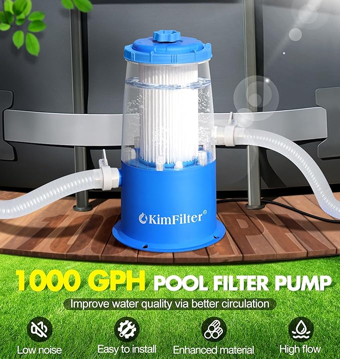 KimFilter Transparent 1000 GPH Above Ground Pool Filter Pump – Easy Cartridge Status Viewing | Powerful Pool Cartridge Filter Pump System | Enhanced Circulation & Filtration for Clear Water - Sky Blue